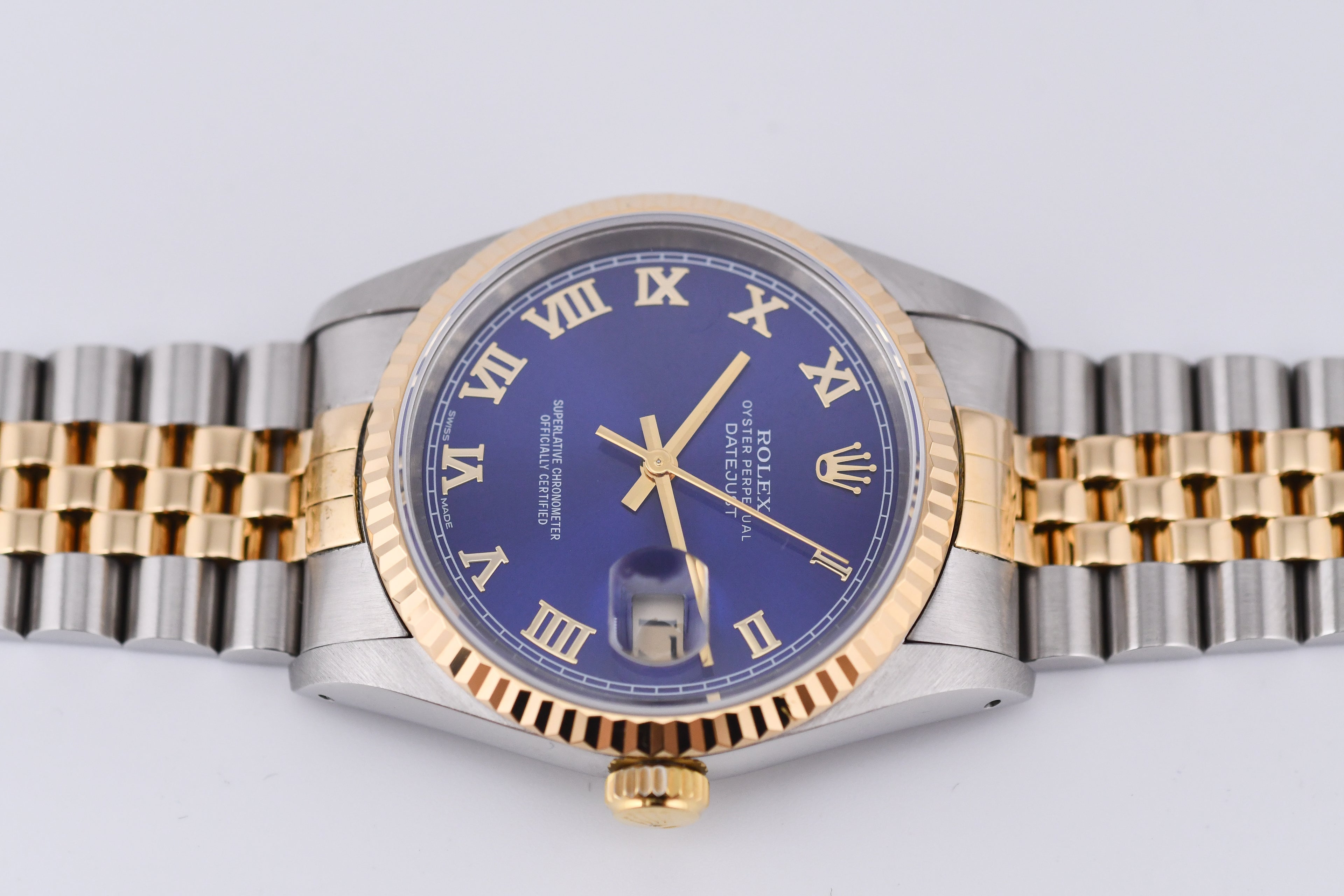 Rolex Datejust 36mm Ref 16233 Yellow Gold Bezel Blue Roman Dial