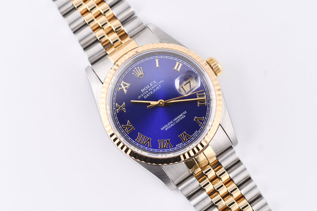 Rolex Datejust 36mm Ref 16233 Yellow Gold Bezel Blue Roman Dial