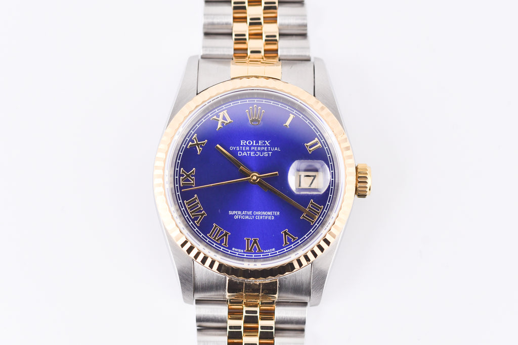 Rolex Datejust 36mm Ref 16233 Yellow Gold Bezel Blue Roman Dial