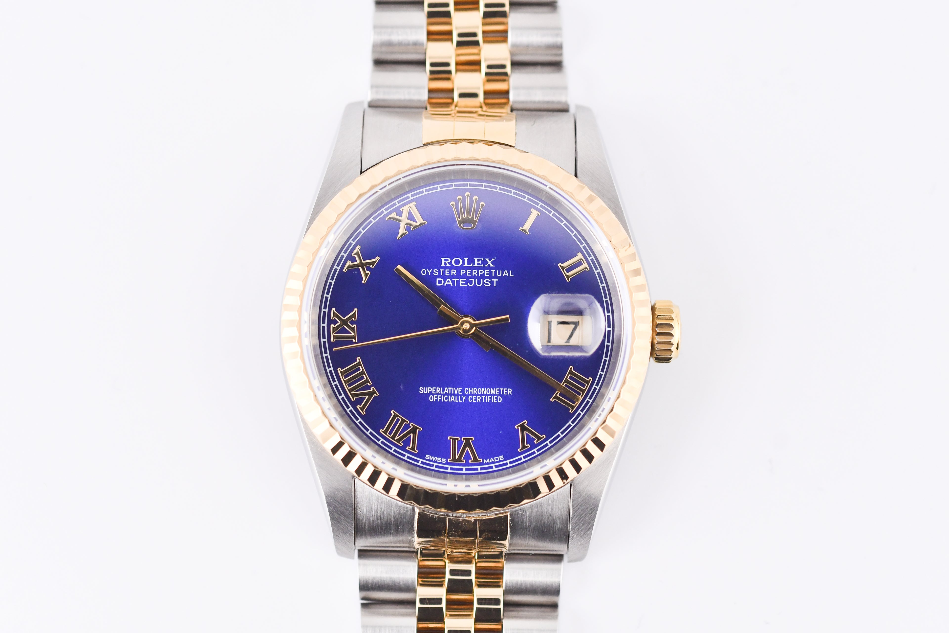 Rolex Datejust 36mm Ref 16233 Yellow Gold Bezel Blue Roman Dial