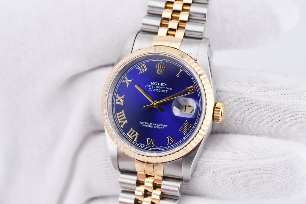 Rolex Datejust 36mm Ref 16233 Yellow Gold Bezel Blue Roman Dial