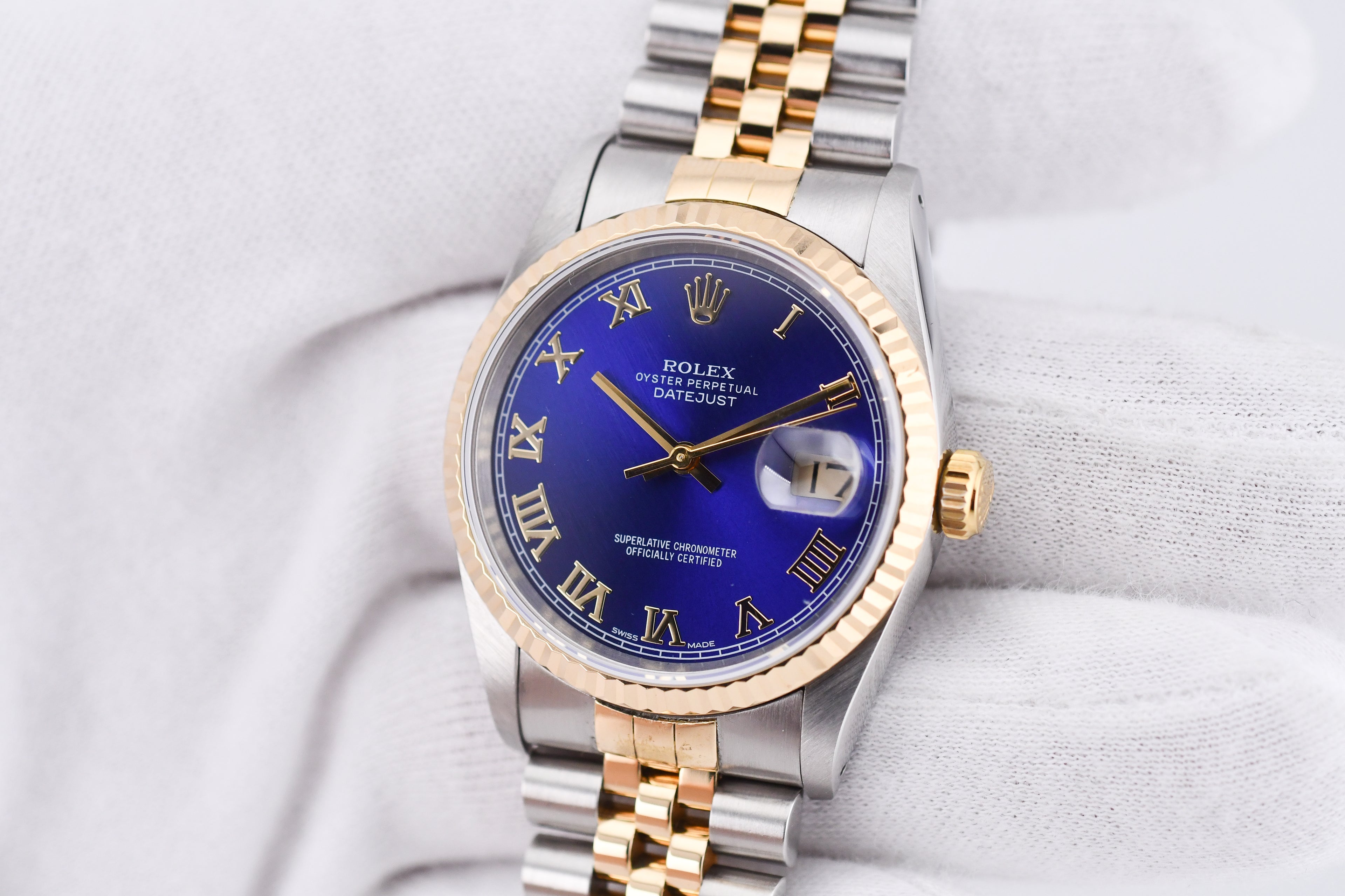 Rolex Datejust 36mm Ref 16233 Yellow Gold Bezel Blue Roman Dial