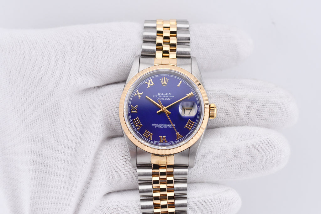 Rolex Datejust 36mm Ref 16233 Yellow Gold Bezel Blue Roman Dial
