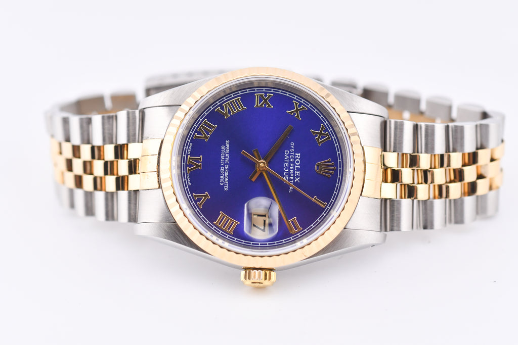 Rolex Datejust 36mm Ref 16233 Yellow Gold Bezel Blue Roman Dial