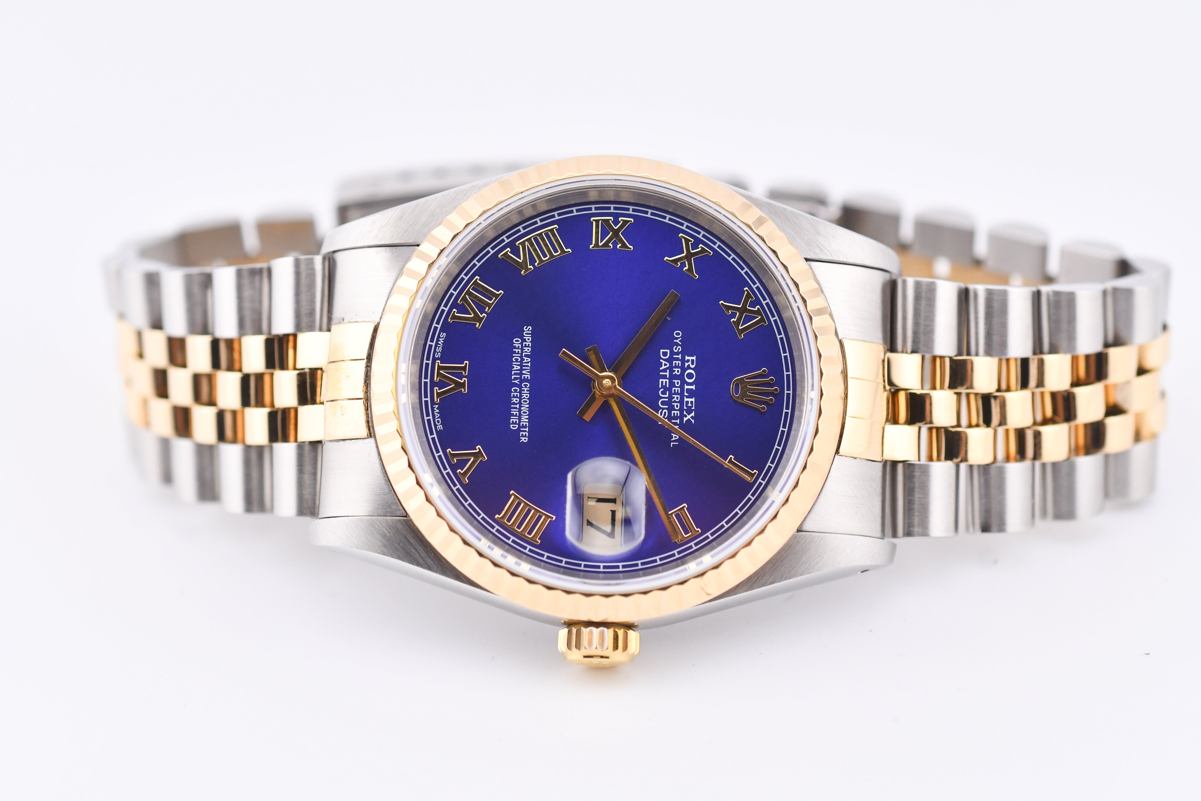 Rolex Datejust 36mm Ref 16233 Yellow Gold Bezel Blue Roman Dial