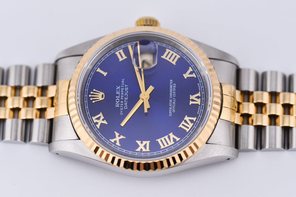 Rolex Datejust 36mm Ref 16233 Yellow Gold Bezel Blue Roman Dial