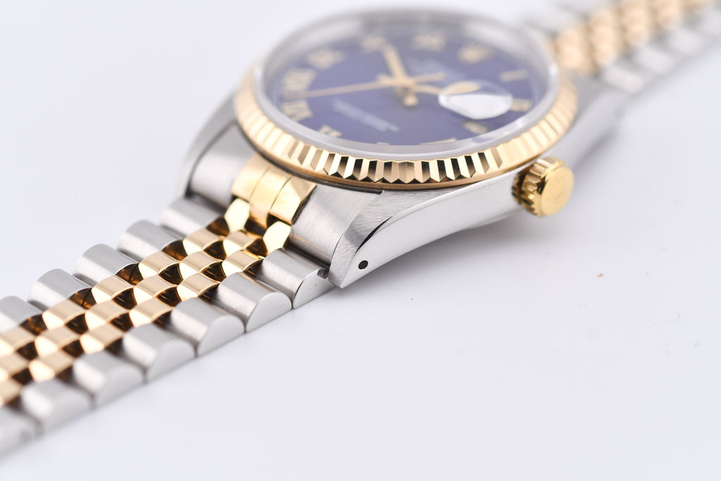 Rolex Datejust 36mm Ref 16233 Yellow Gold Bezel Blue Roman Dial
