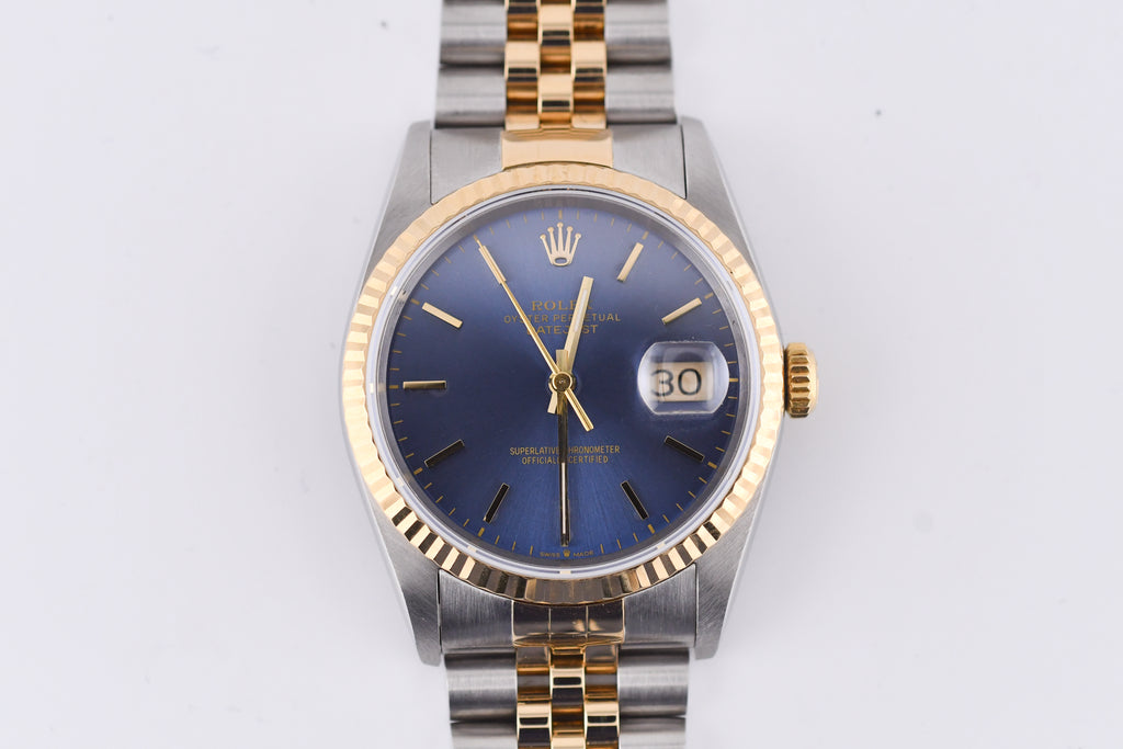 Rolex Datejust 36mm Ref 16233 Yellow Gold Bezel Blue Stick Dial