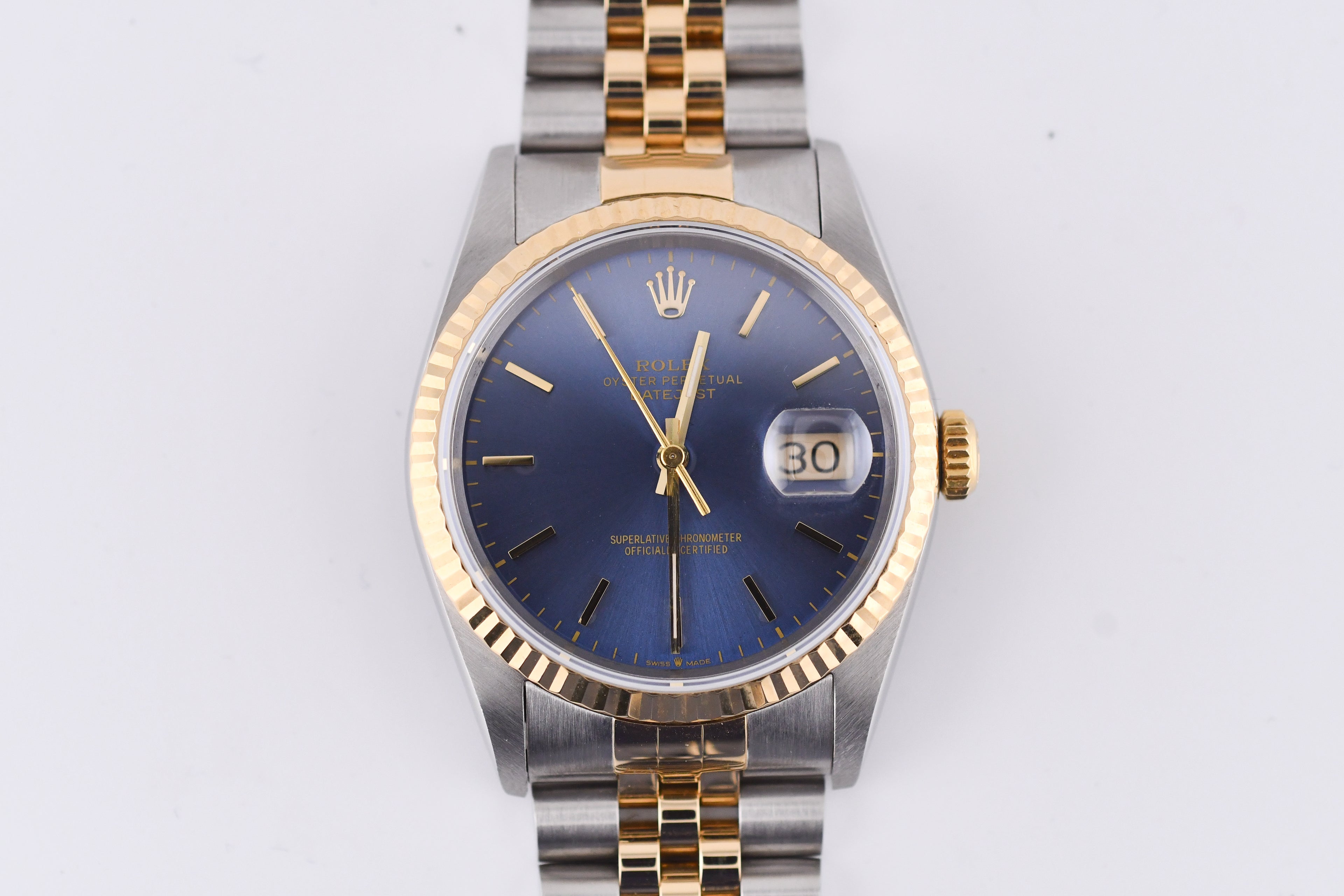 Rolex Datejust 36mm Ref 16233 Yellow Gold Bezel Blue Stick Dial