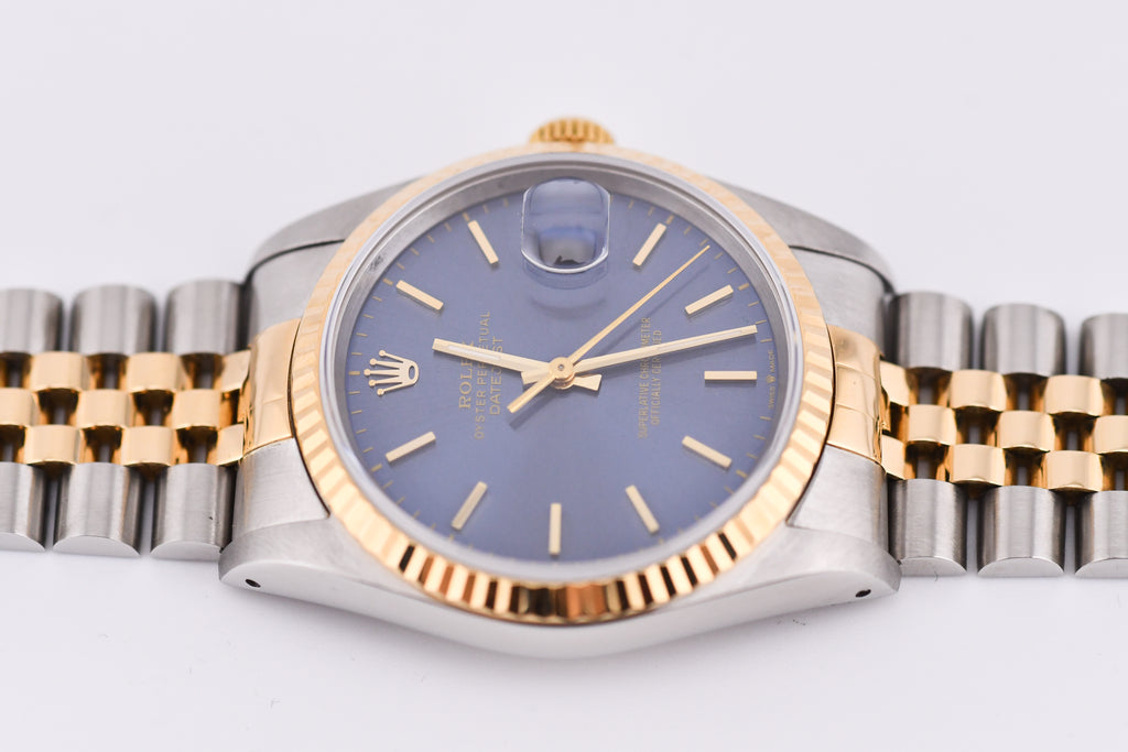Rolex Datejust 36mm Ref 16233 Yellow Gold Bezel Blue Stick Dial