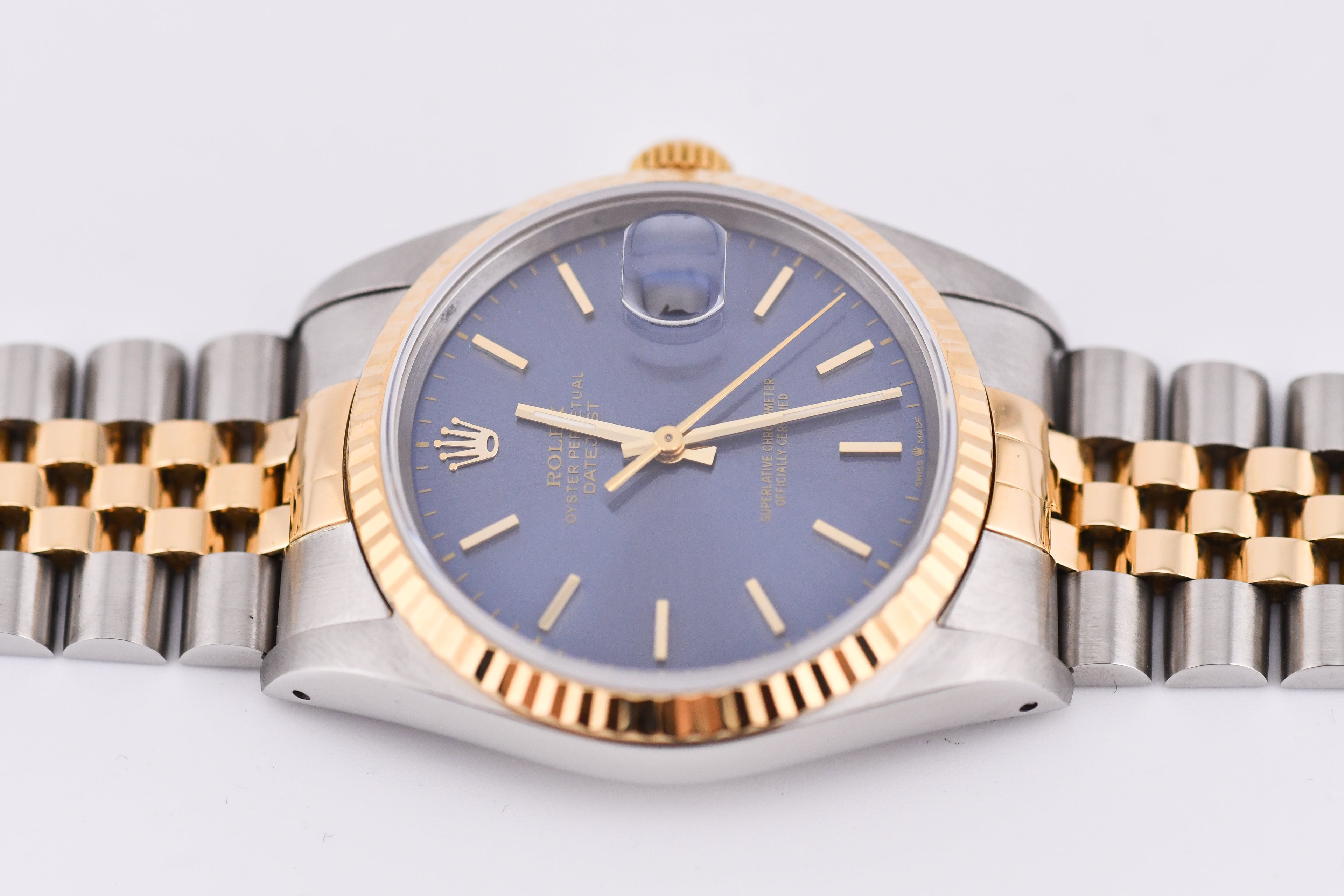 Rolex Datejust 36mm Ref 16233 Yellow Gold Bezel Blue Stick Dial