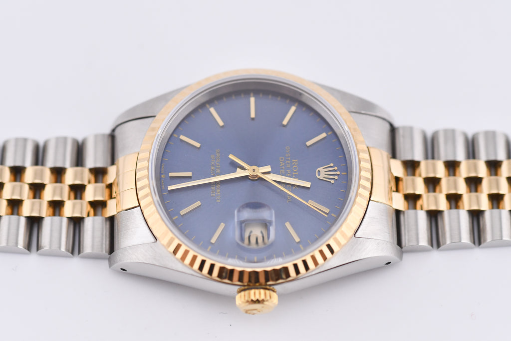 Rolex Datejust 36mm Ref 16233 Yellow Gold Bezel Blue Stick Dial