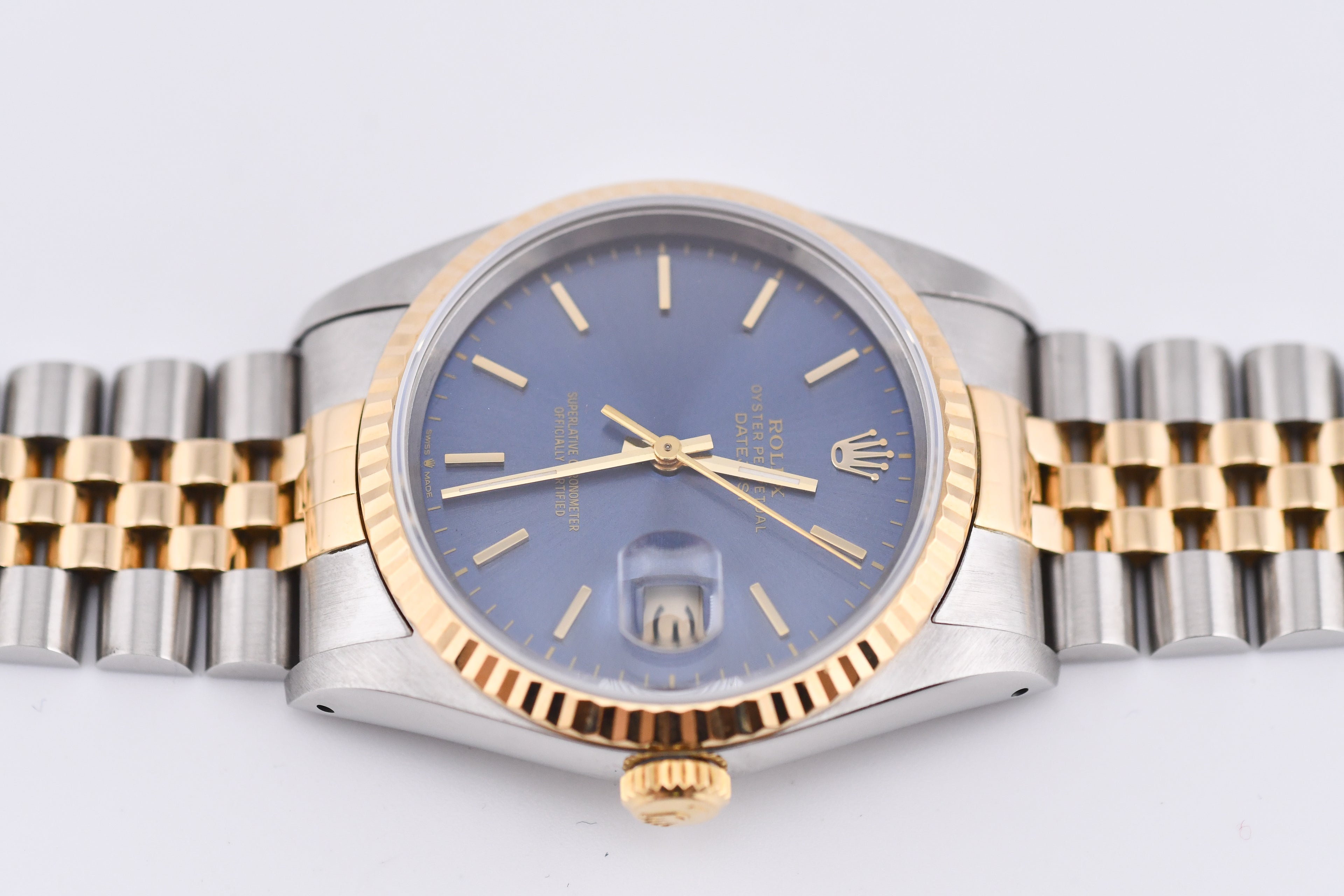Rolex Datejust 36mm Ref 16233 Yellow Gold Bezel Blue Stick Dial