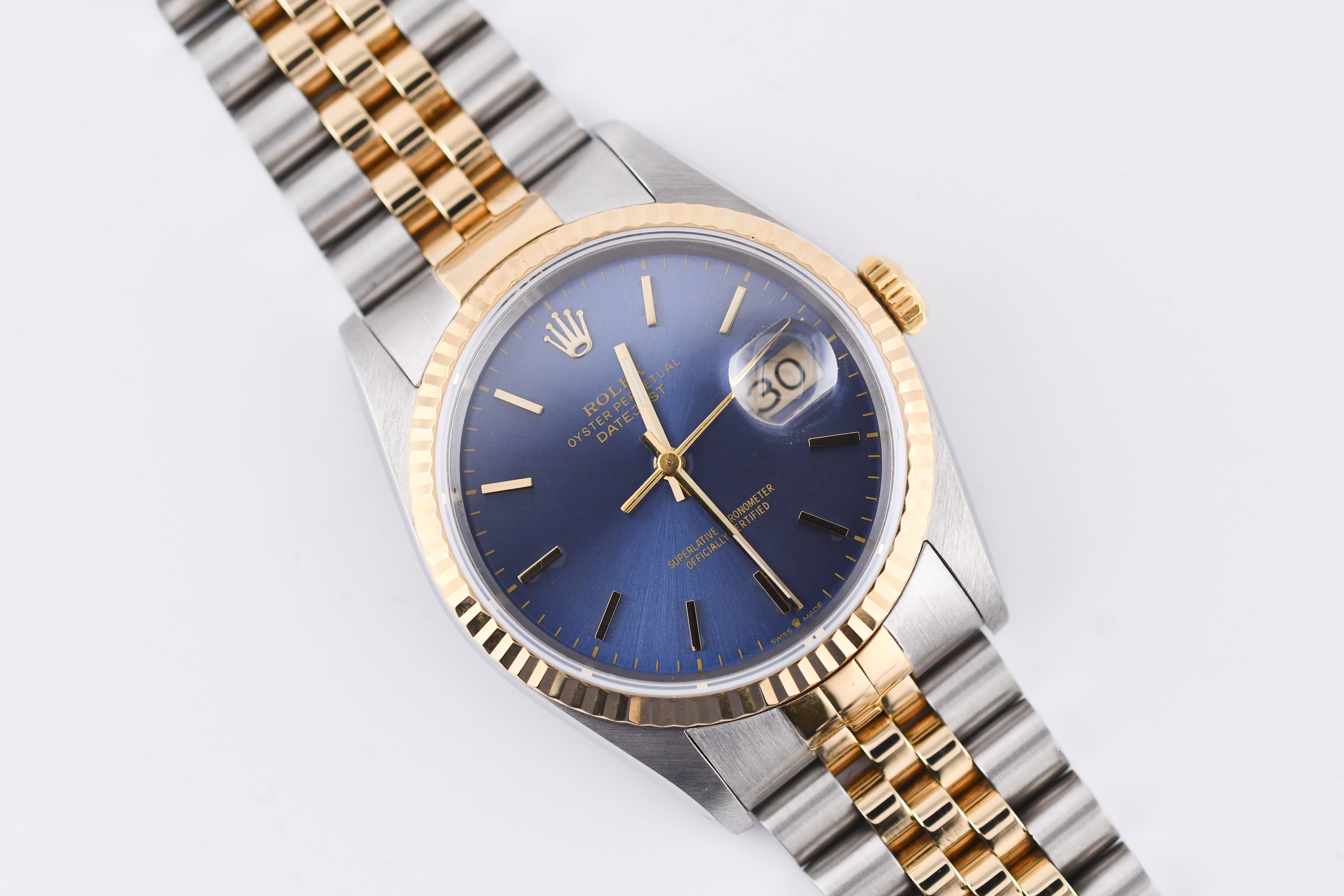 Rolex Datejust 36mm Ref 16233 Yellow Gold Bezel Blue Stick Dial