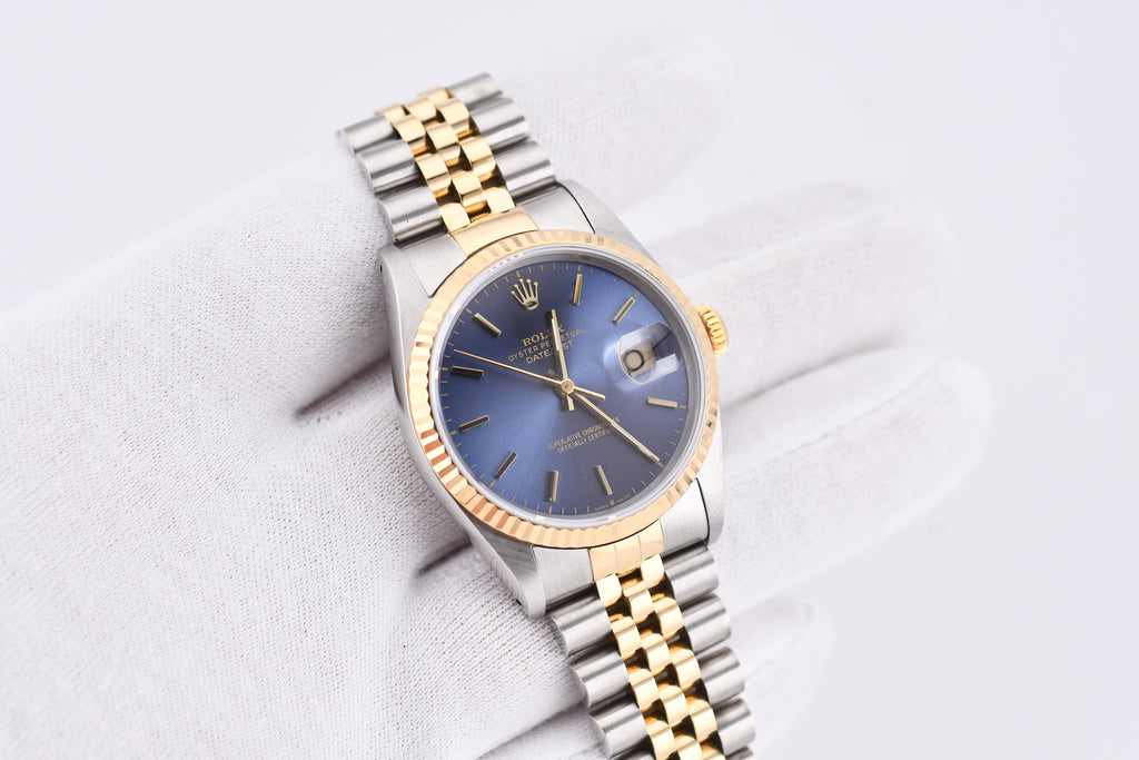 Rolex Datejust 36mm Ref 16233 Yellow Gold Bezel Blue Stick Dial