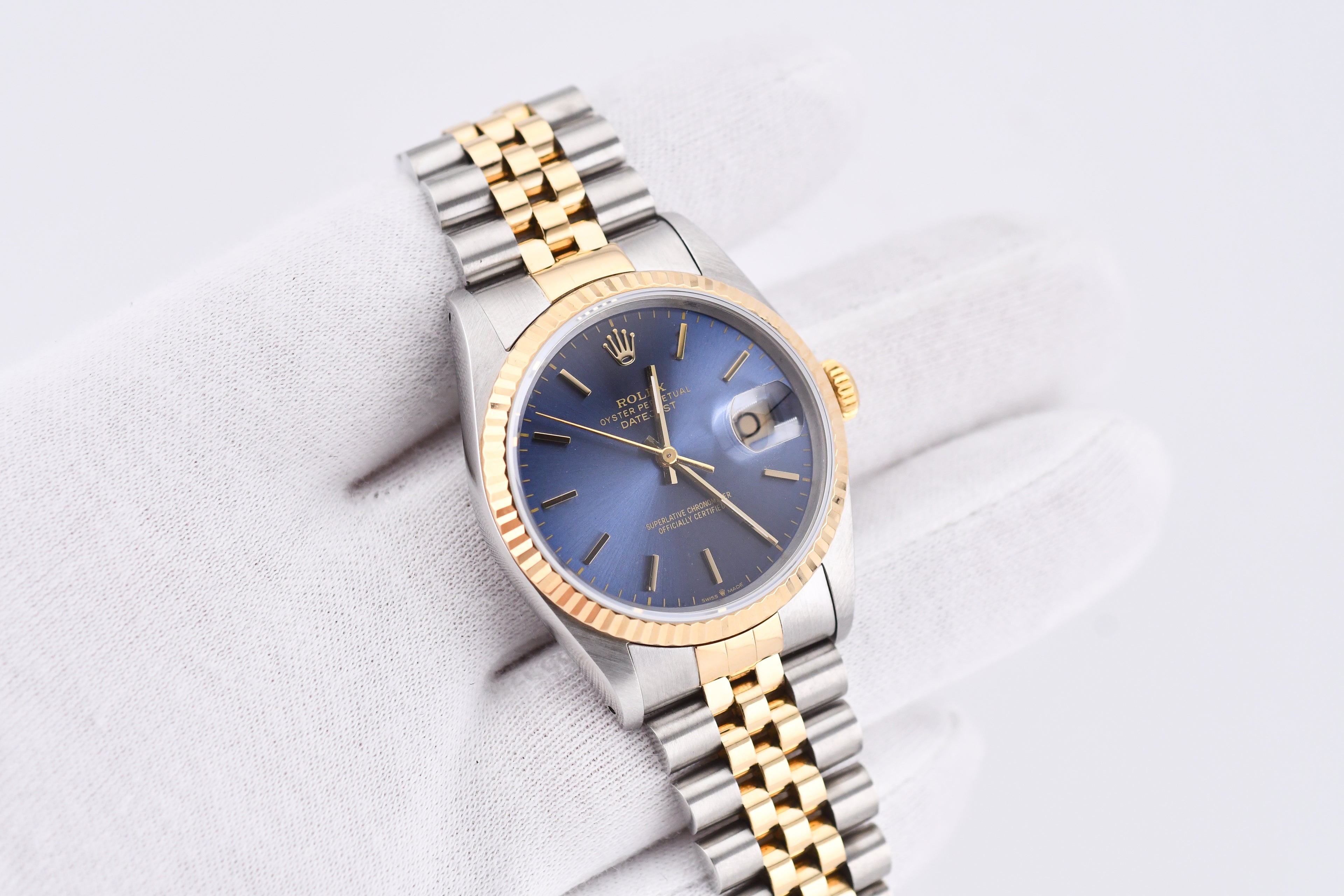 Rolex Datejust 36mm Ref 16233 Yellow Gold Bezel Blue Stick Dial