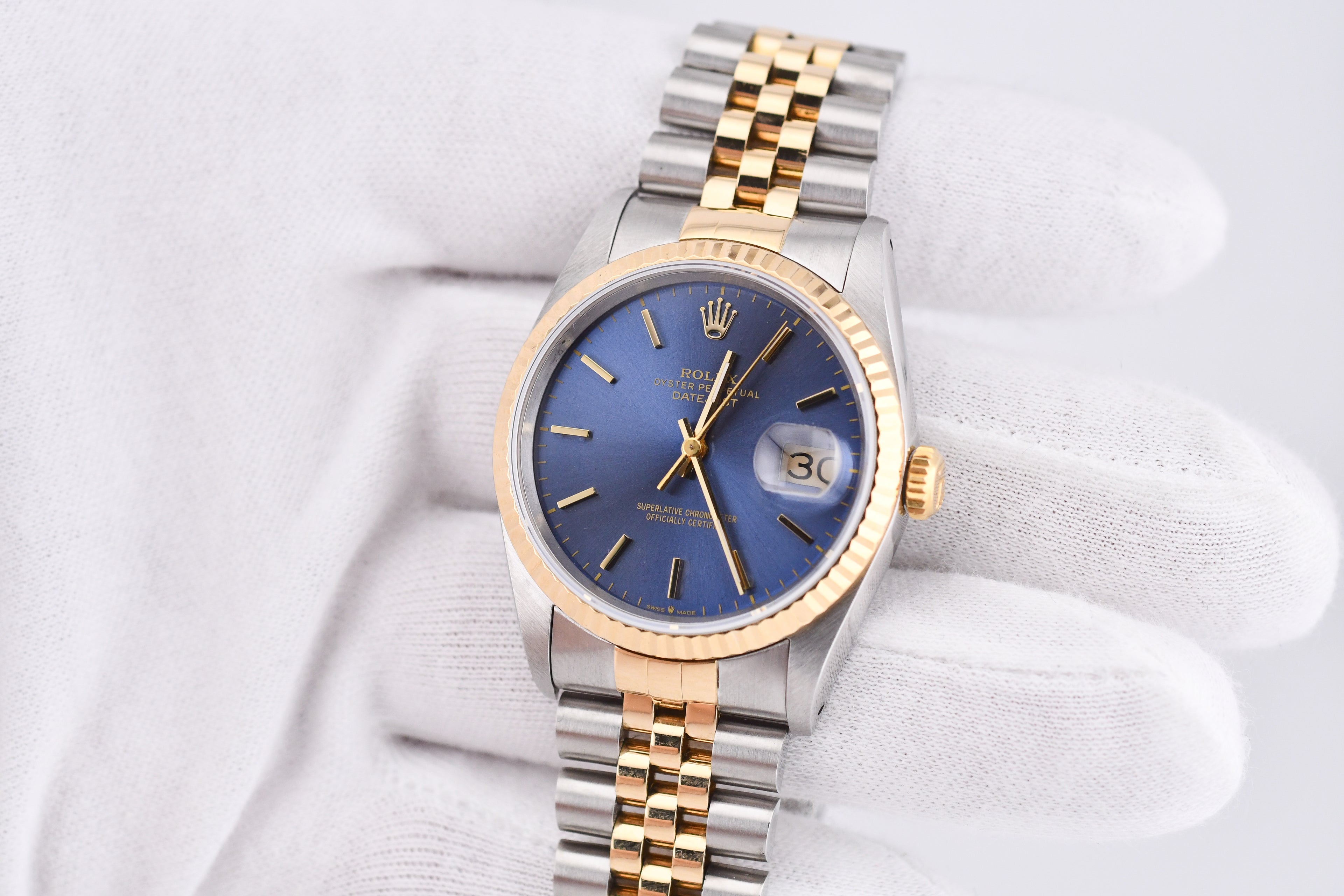Rolex Datejust 36mm Ref 16233 Yellow Gold Bezel Blue Stick Dial