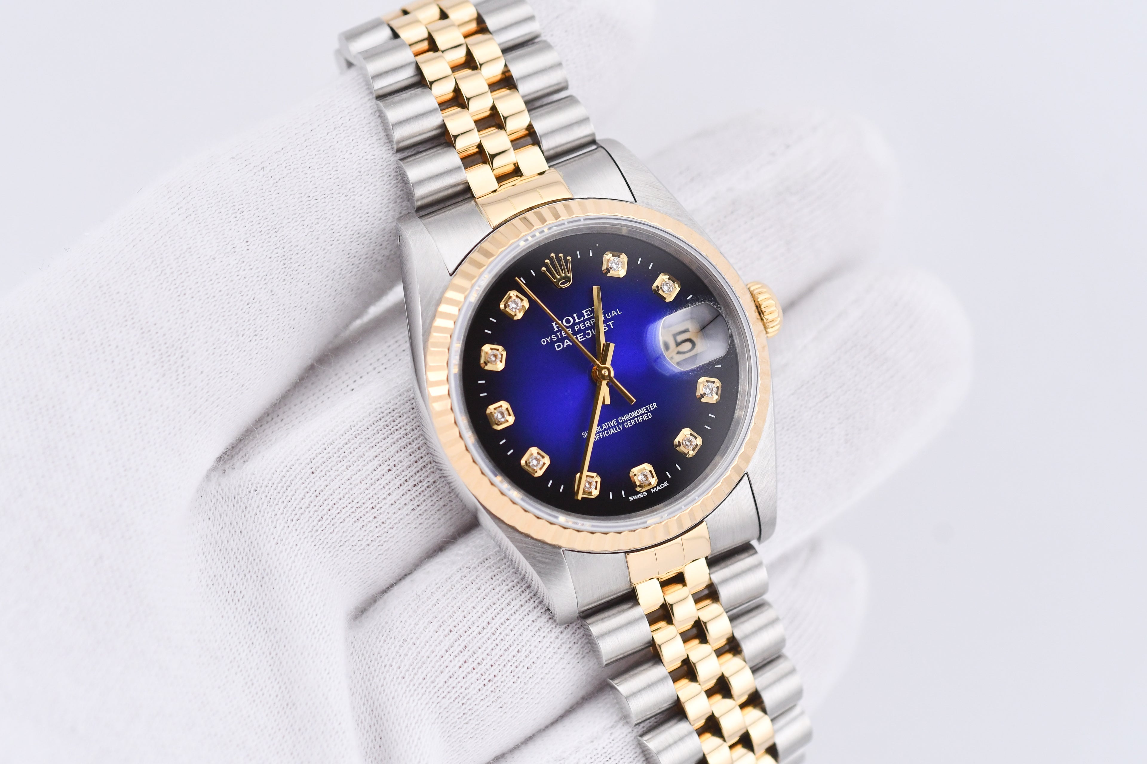 Rolex Datejust 36mm Ref 16233 Yellow Gold Bezel Blue Vignette Dial