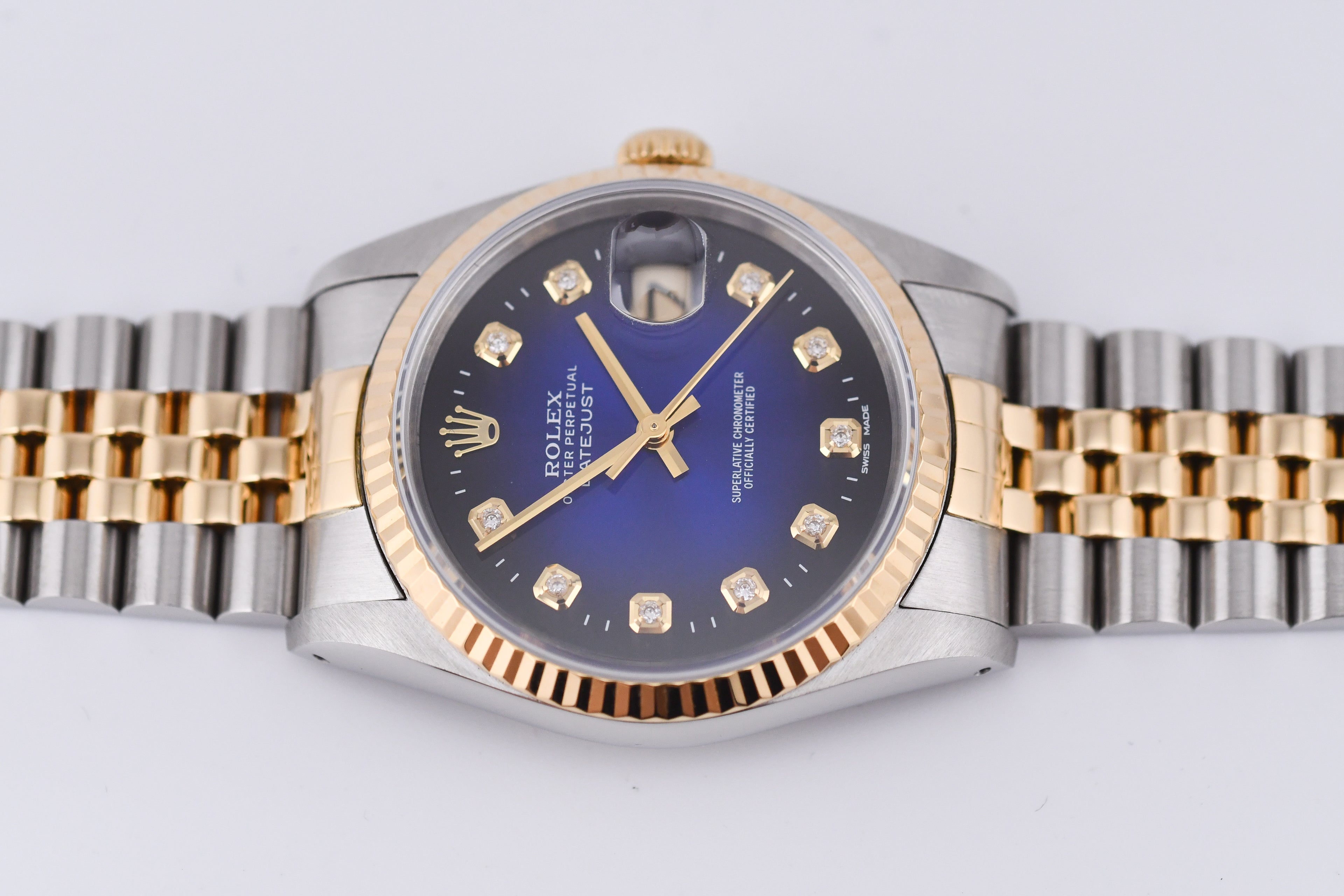 Rolex Datejust 36mm Ref 16233 Yellow Gold Bezel Blue Vignette Dial