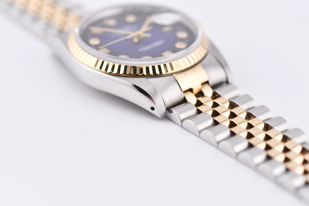 Rolex Datejust 36mm Ref 16233 Yellow Gold Bezel Blue Vignette Dial