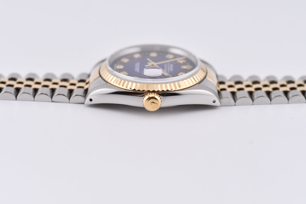 Rolex Datejust 36mm Ref 16233 Yellow Gold Bezel Blue Vignette Dial