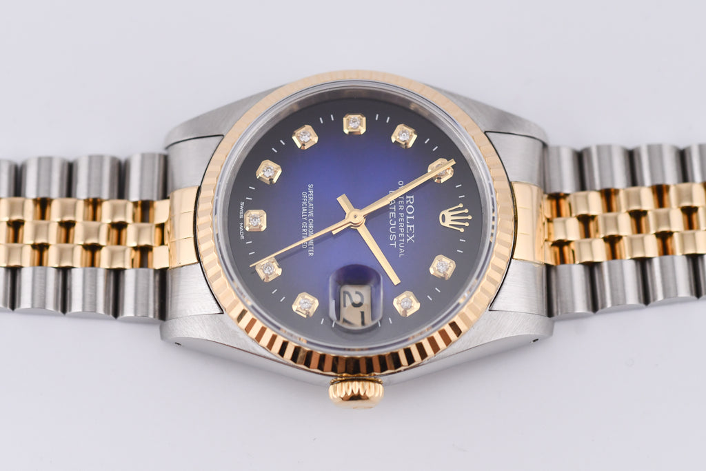 Rolex Datejust 36mm Ref 16233 Yellow Gold Bezel Blue Vignette Dial