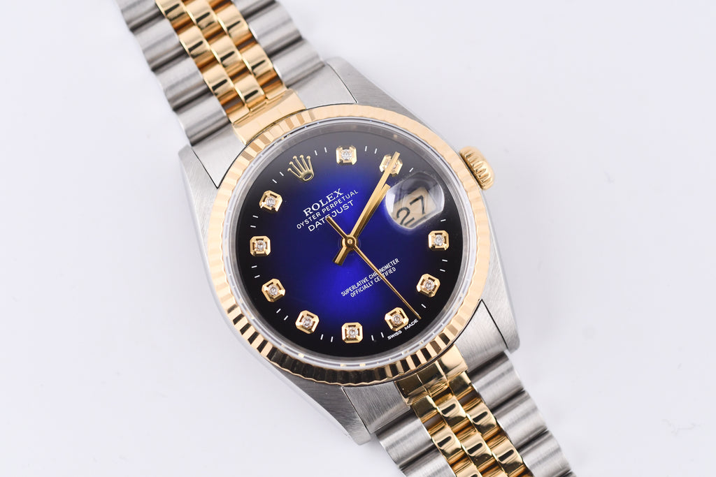 Rolex Datejust 36mm Ref 16233 Yellow Gold Bezel Blue Vignette Dial