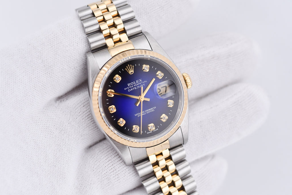 Rolex Datejust 36mm Ref 16233 Yellow Gold Bezel Blue Vignette Dial