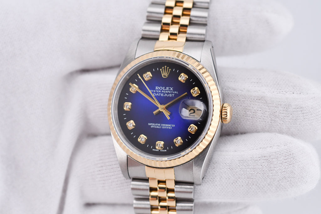 Rolex Datejust 36mm Ref 16233 Yellow Gold Bezel Blue Vignette Dial