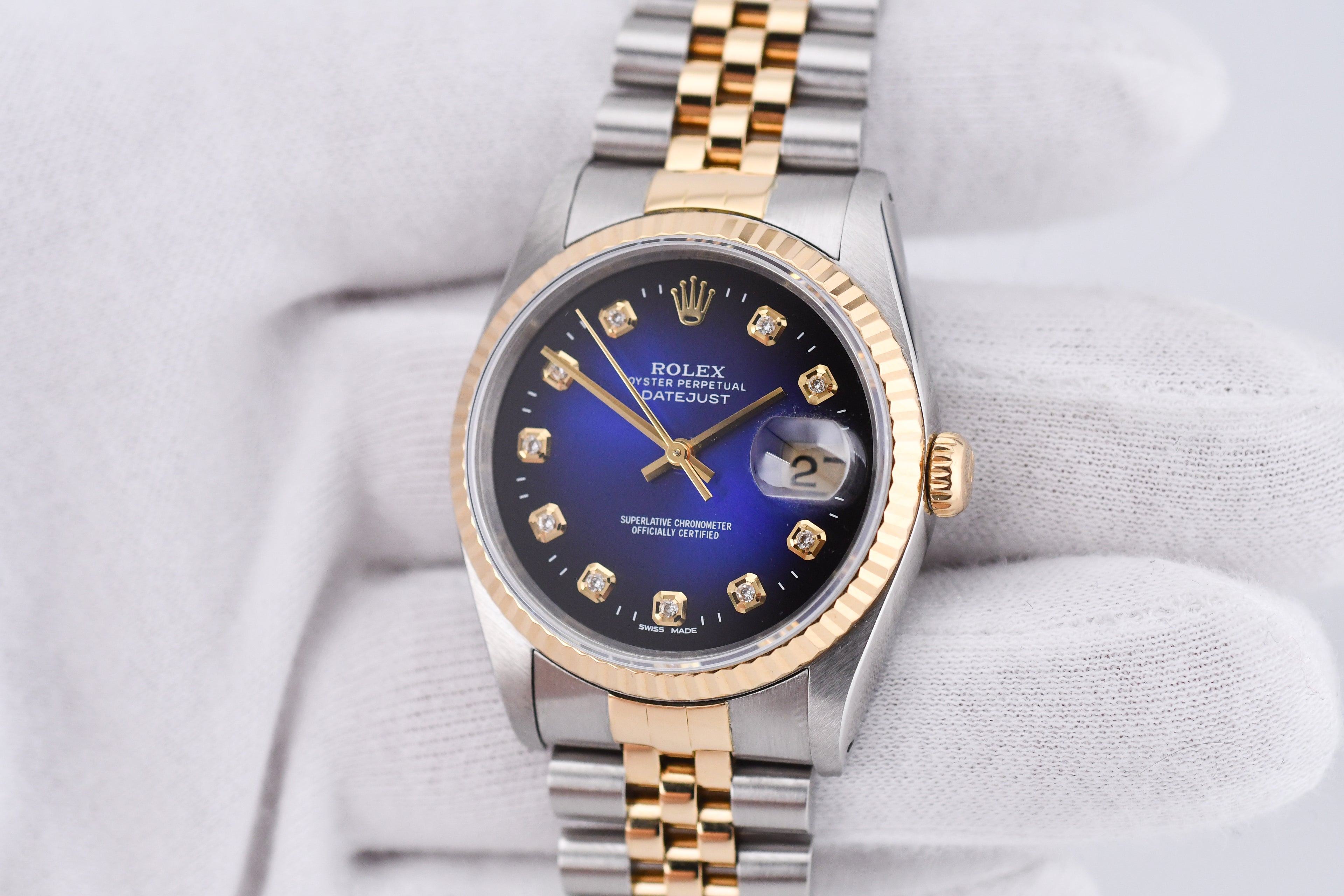 Rolex Datejust 36mm Ref 16233 Yellow Gold Bezel Blue Vignette Dial