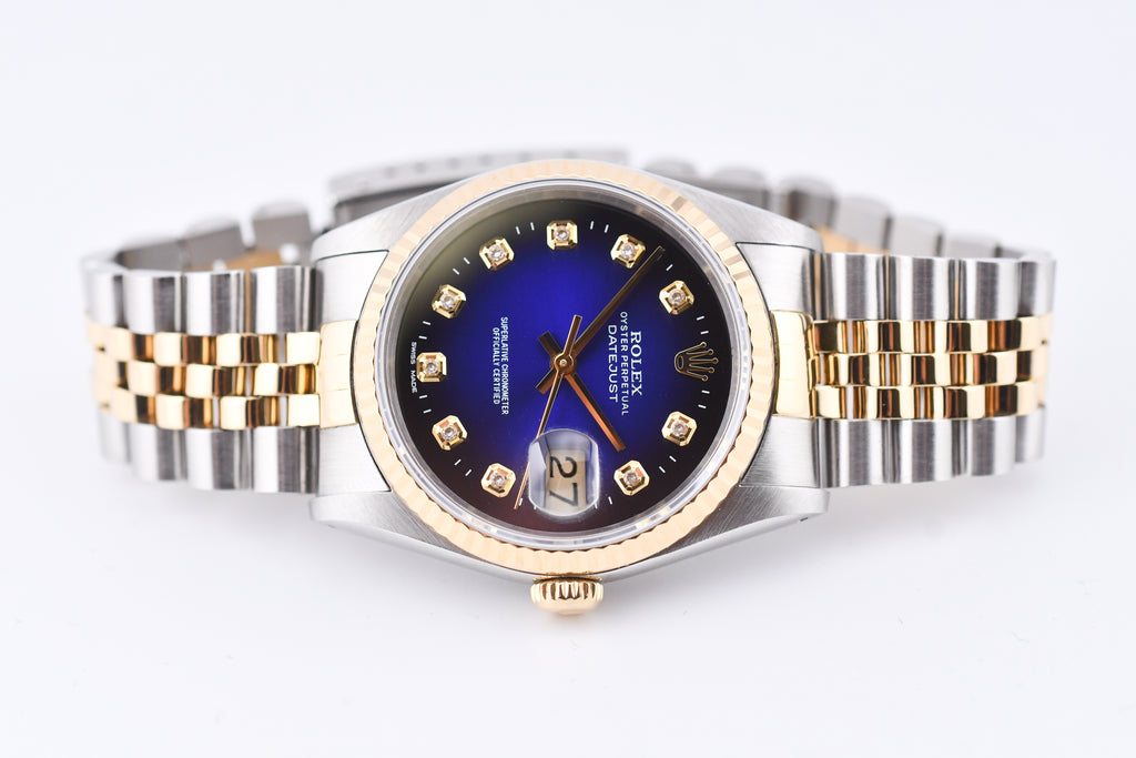 Rolex Datejust 36mm Ref 16233 Yellow Gold Bezel Blue Vignette Dial