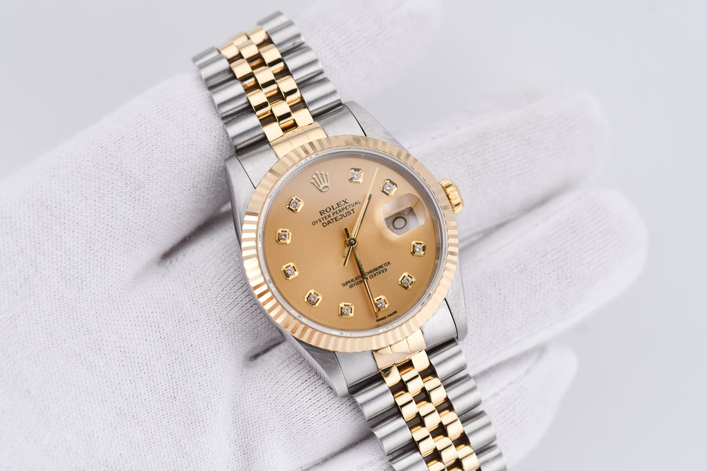 Rolex Datejust 36mm Ref 16233 Yellow Gold Bezel Champagne Dial