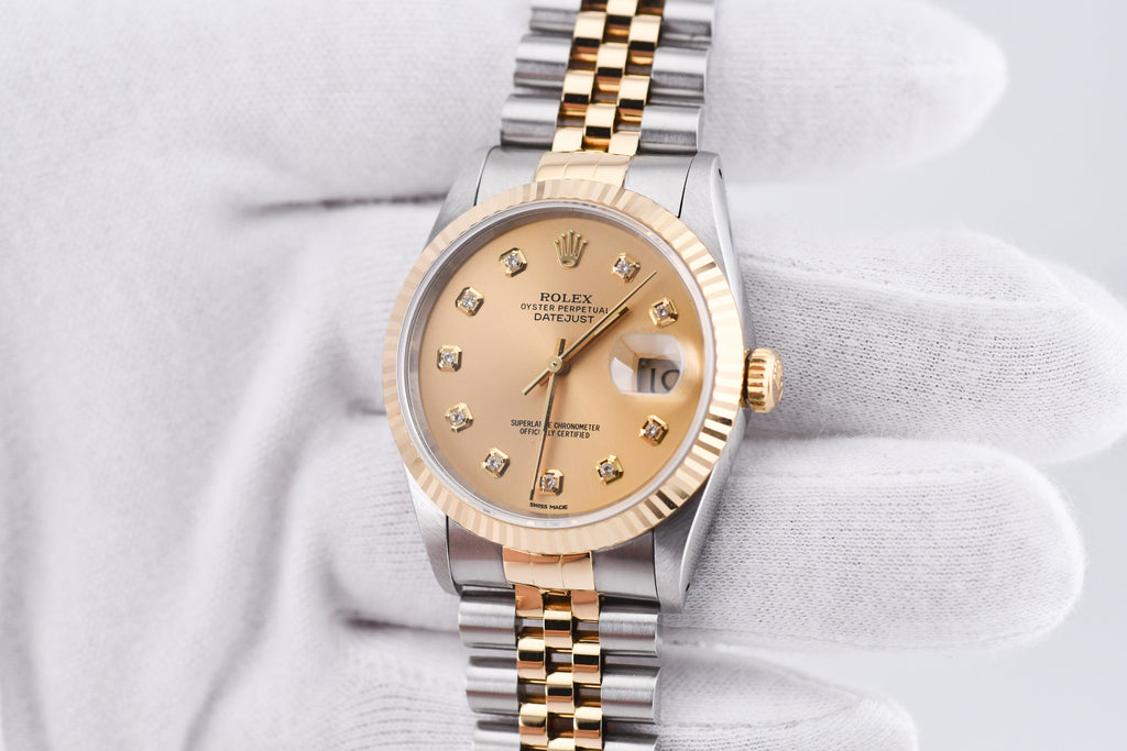 Rolex Datejust 36mm Ref 16233 Yellow Gold Bezel Champagne Dial