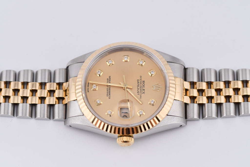 Rolex Datejust 36mm Ref 16233 Yellow Gold Bezel Champagne Dial