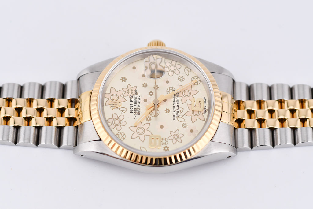 Rolex Datejust 36mm Ref 16233 Yellow Gold Bezel Champagne Floral Dial