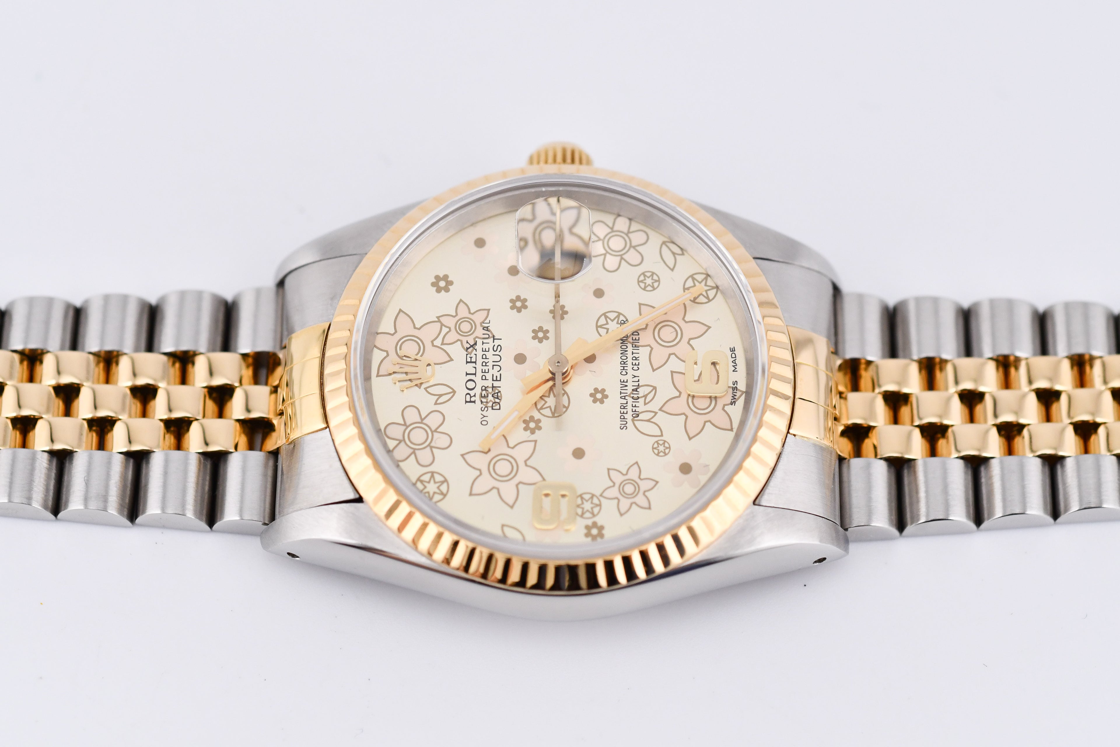 Rolex Datejust 36mm Ref 16233 Yellow Gold Bezel Champagne Floral Dial