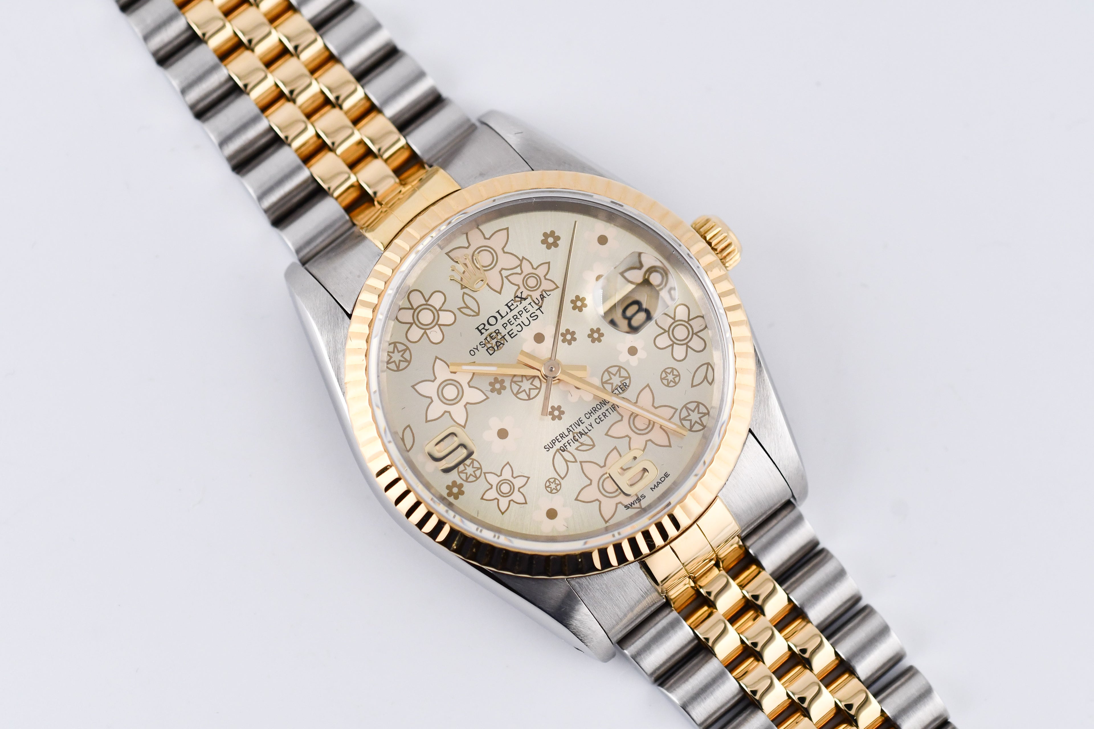 Rolex Datejust 36mm Ref 16233 Yellow Gold Bezel Champagne Floral Dial