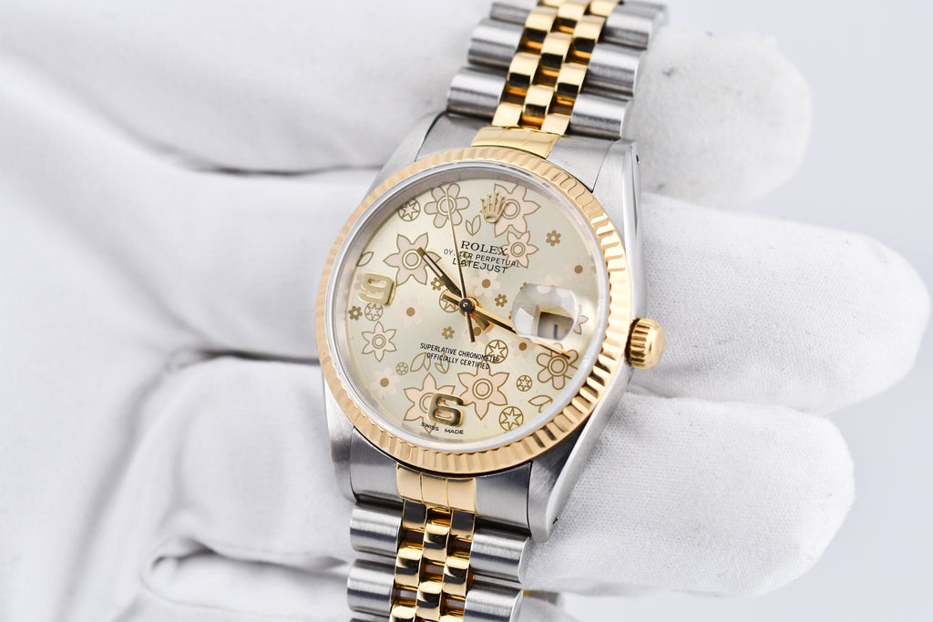 Rolex Datejust 36mm Ref 16233 Yellow Gold Bezel Champagne Floral Dial