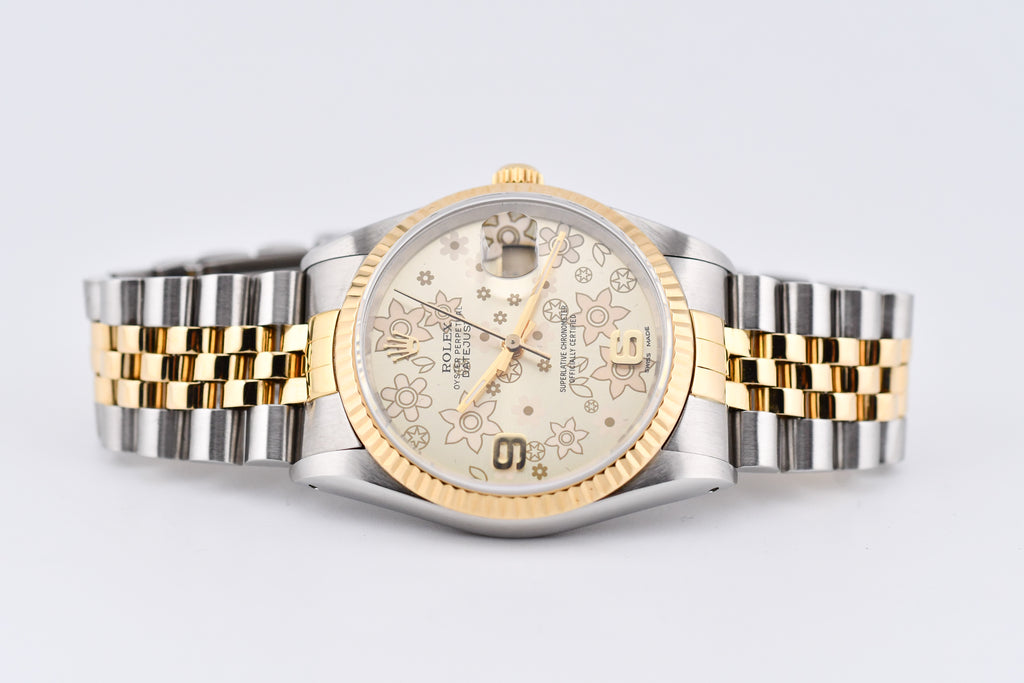 Rolex Datejust 36mm Ref 16233 Yellow Gold Bezel Champagne Floral Dial