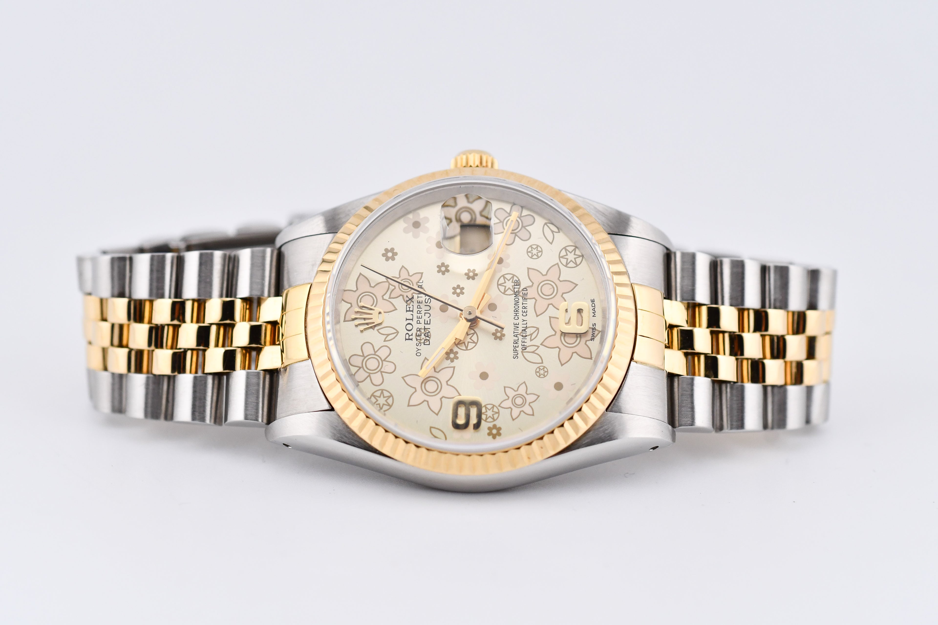 Rolex Datejust 36mm Ref 16233 Yellow Gold Bezel Champagne Floral Dial