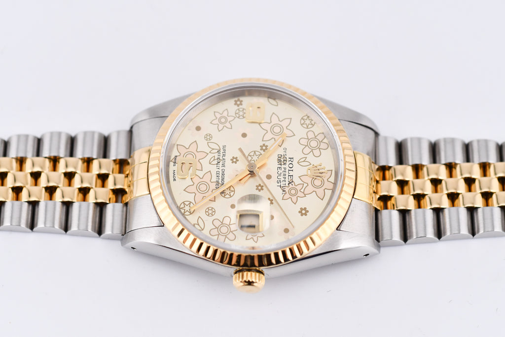 Rolex Datejust 36mm Ref 16233 Yellow Gold Bezel Champagne Floral Dial