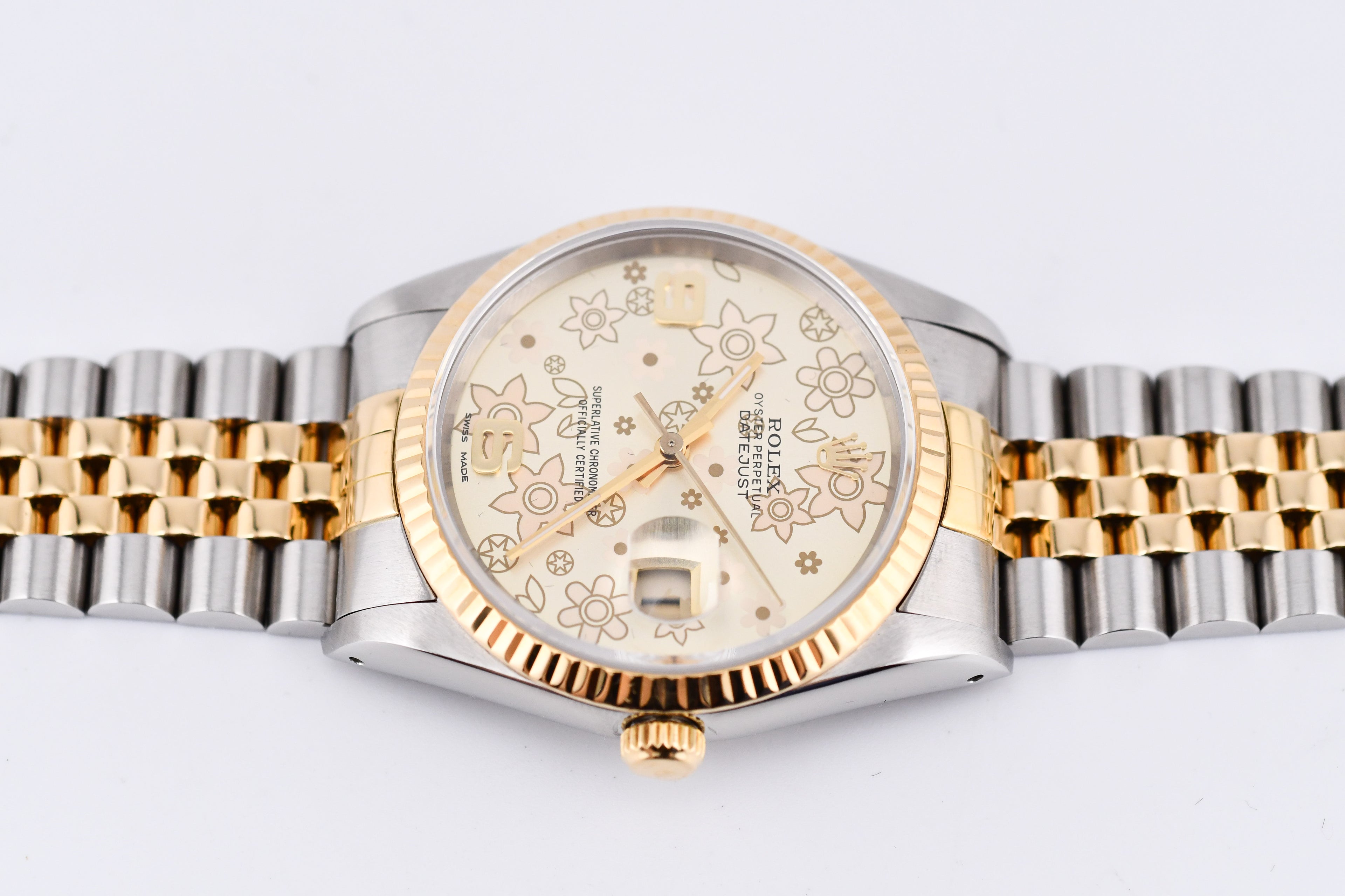 Rolex Datejust 36mm Ref 16233 Yellow Gold Bezel Champagne Floral Dial