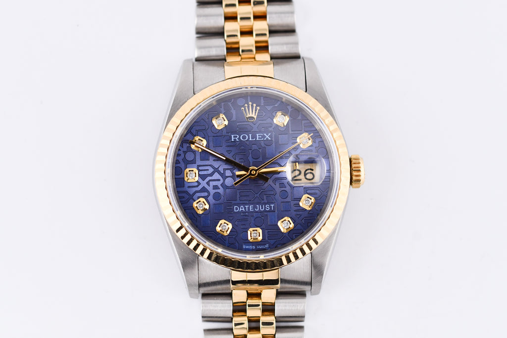 Rolex Datejust 36mm Ref 16233 Yellow Gold Bezel Custom Blue Anniversary Dial