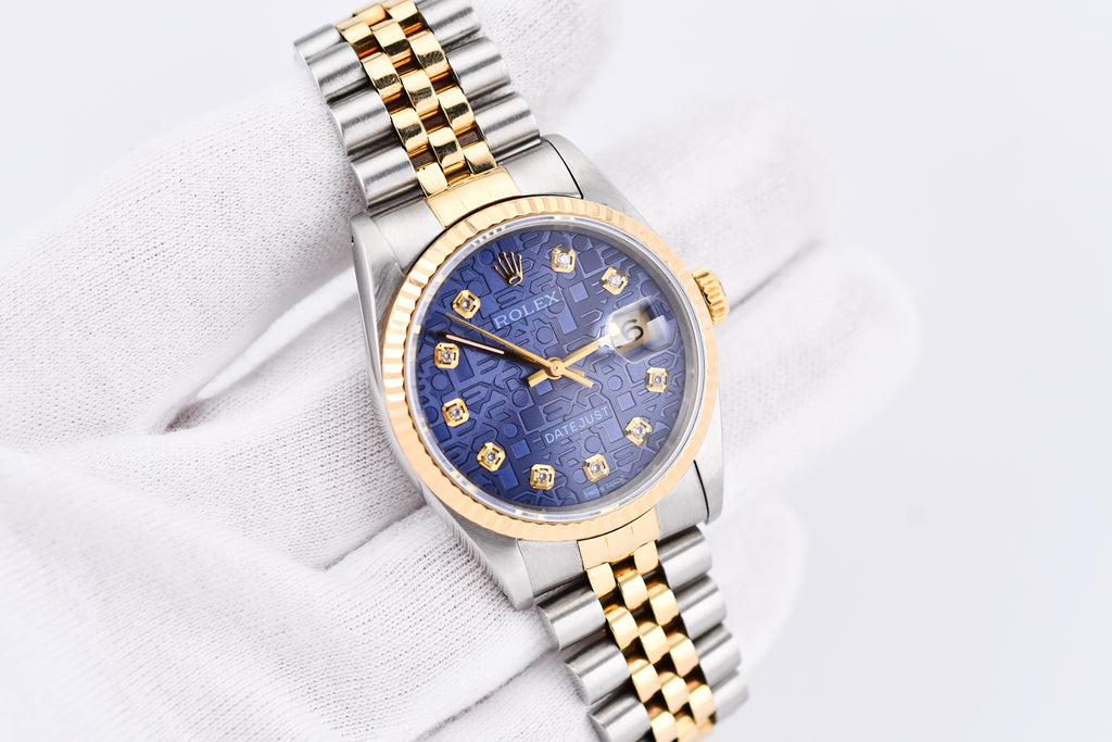 Rolex Datejust 36mm Ref 16233 Yellow Gold Bezel Custom Blue Anniversary Dial