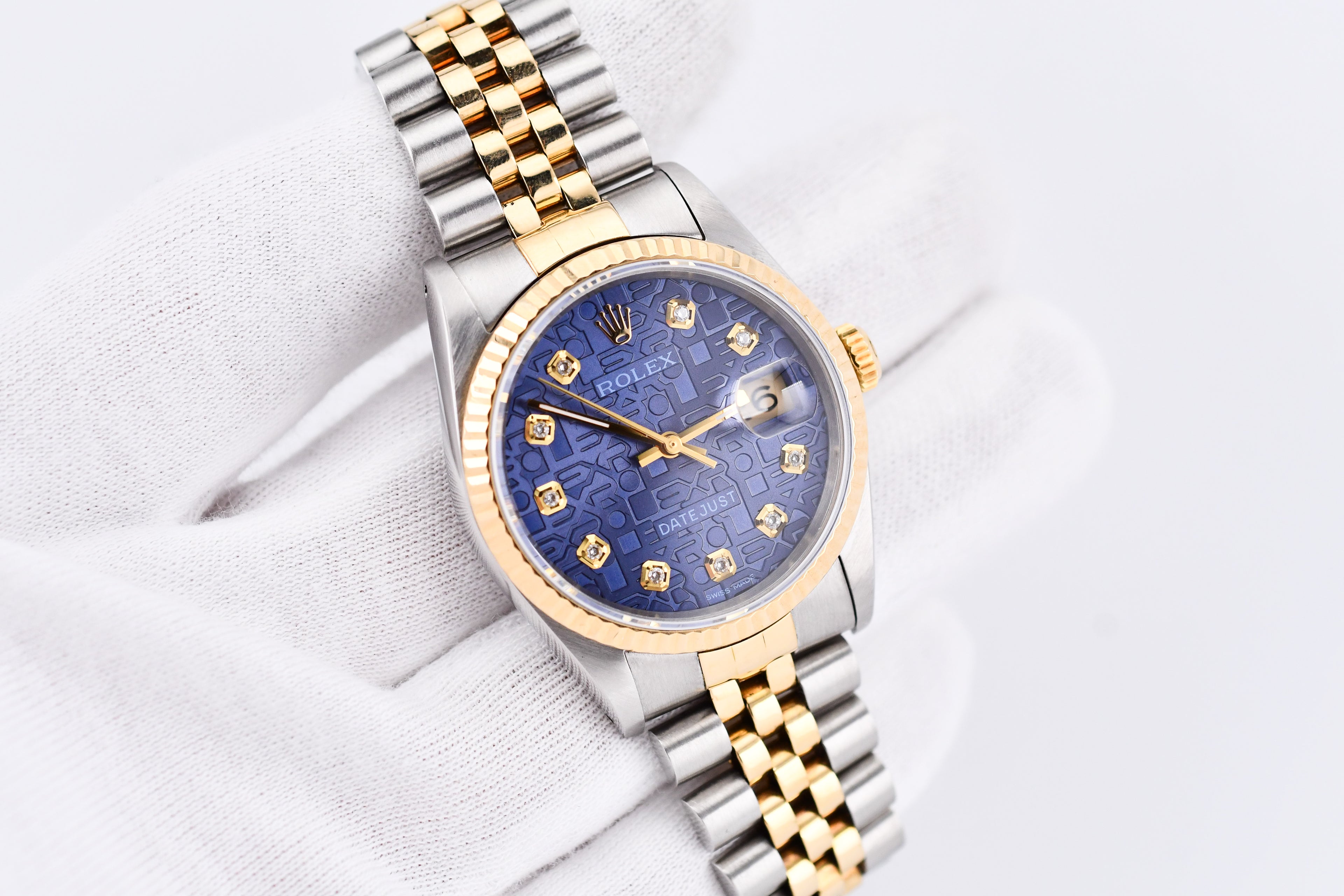 Rolex Datejust 36mm Ref 16233 Yellow Gold Bezel Custom Blue Anniversary Dial