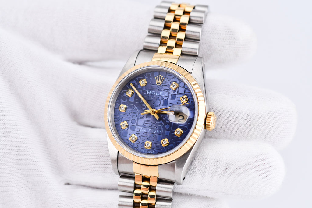 Rolex Datejust 36mm Ref 16233 Yellow Gold Bezel Custom Blue Anniversary Dial