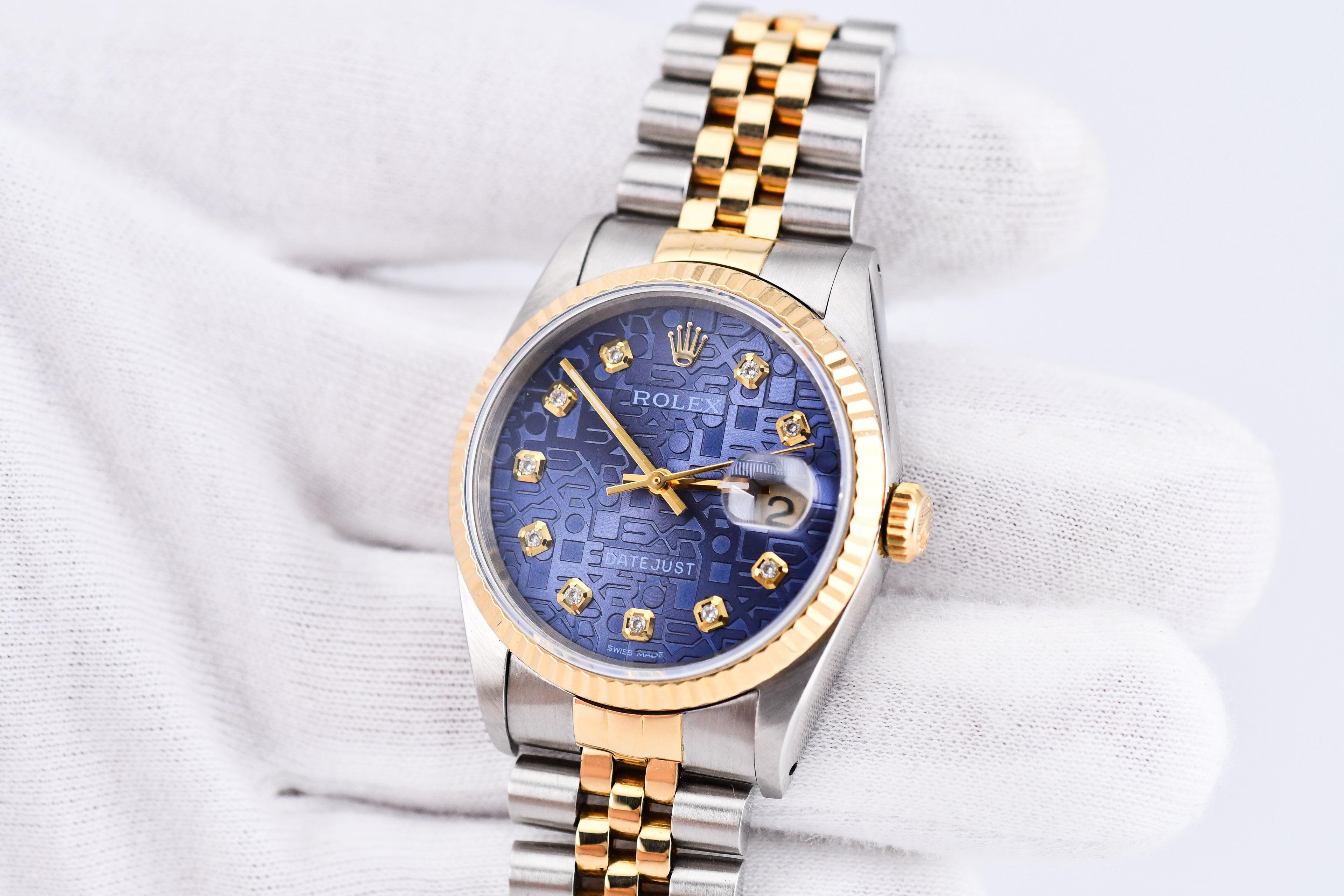 Rolex Datejust 36mm Ref 16233 Yellow Gold Bezel Custom Blue Anniversary Dial