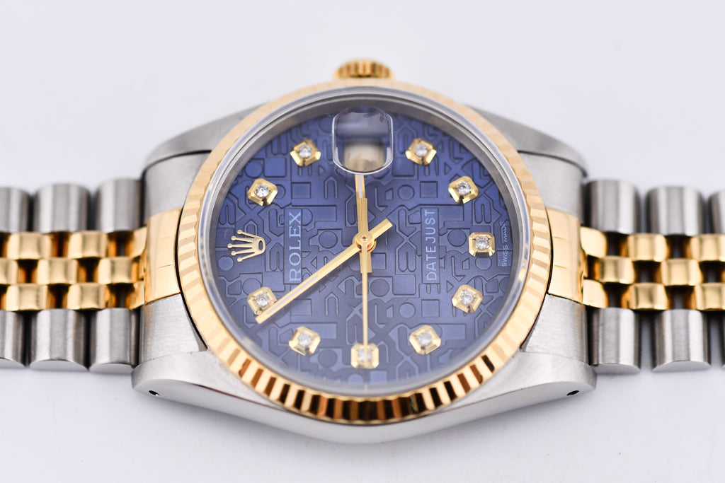 Rolex Datejust 36mm Ref 16233 Yellow Gold Bezel Custom Blue Anniversary Dial