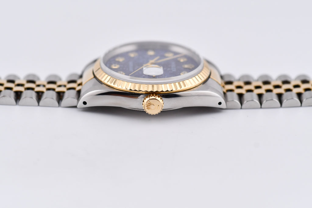 Rolex Datejust 36mm Ref 16233 Yellow Gold Bezel Custom Blue Anniversary Dial