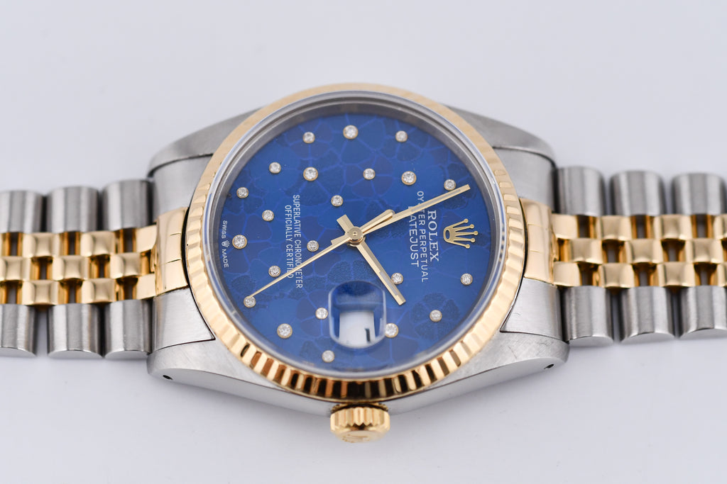 Rolex Datejust 36mm Ref 16233 Yellow Gold Bezel Custom Blue Flower Dial